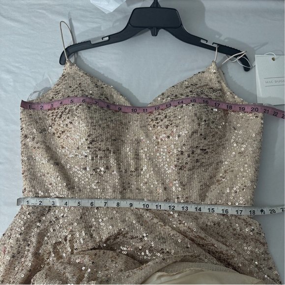 NWT $458 Mac Duggal [ PLUS 14W ]‎ Spaghetti Straps Sequin Gown in Champagne - Picture 2 of 15